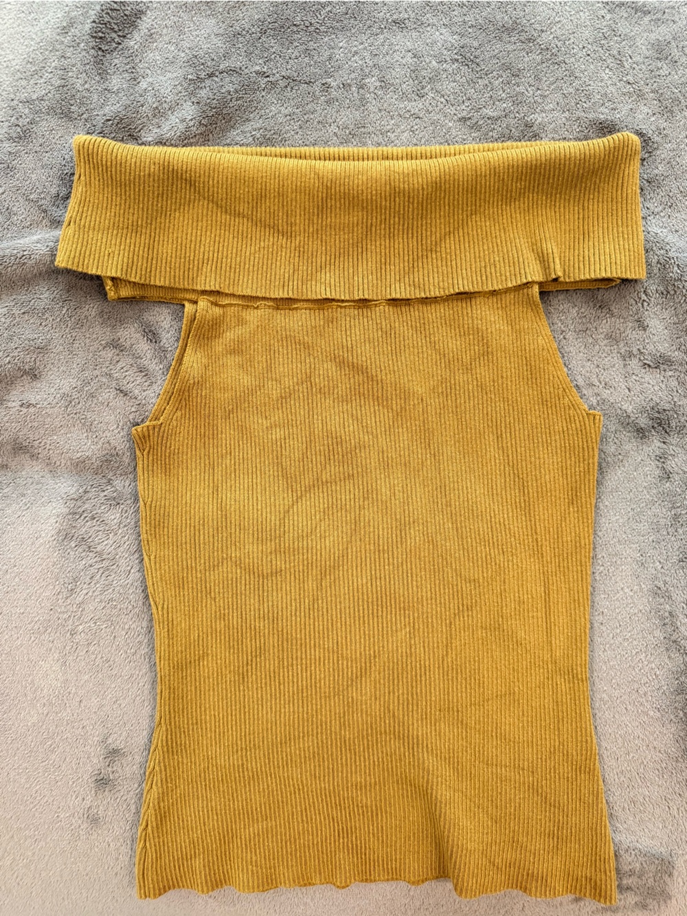 Off-Shoulder Ribbed Knit Sweater Top - Mustard Yellow Size Medium